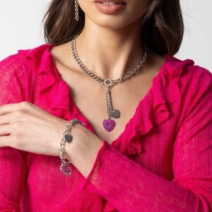 Chic Silver and Pink Heart Necklace and Bracelet Set